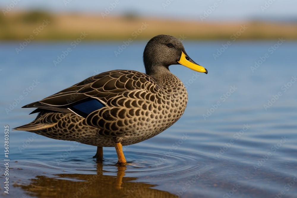 A yellow-billed duck wading in the shallow waters near a bridge at a nature reserve A yellow-billed duck wading in the shallow waters near a bridge at a nature reserve