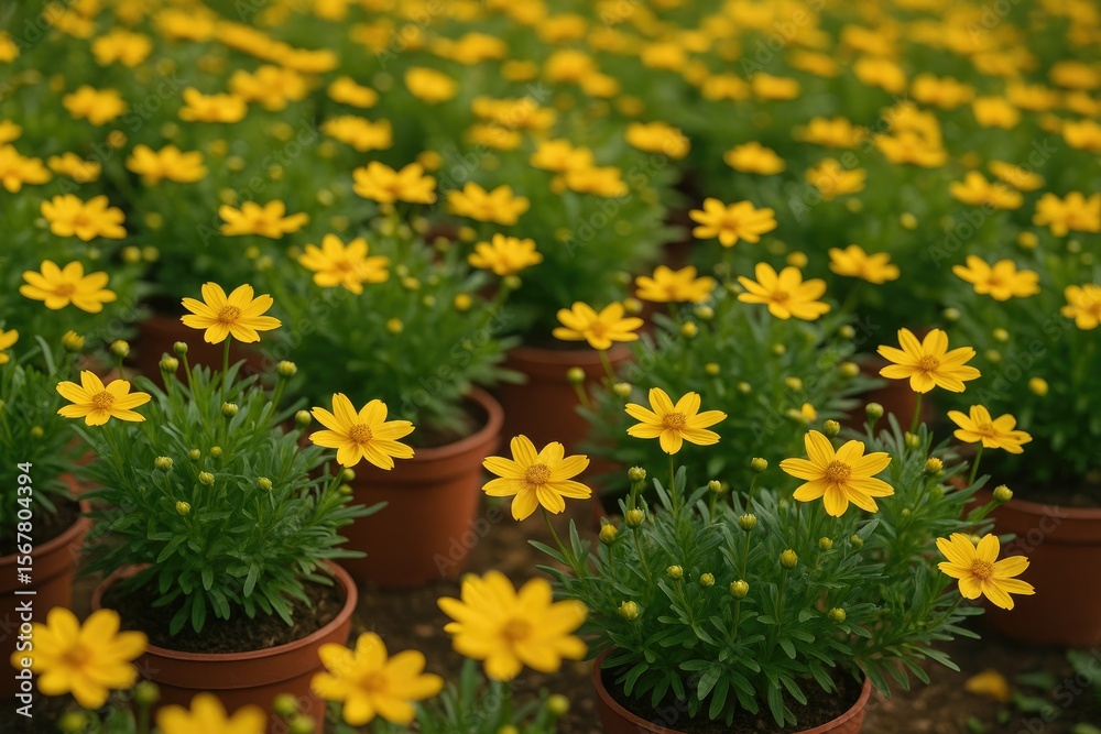 Fototapeta premium Bright yellow flowers blooming in containers