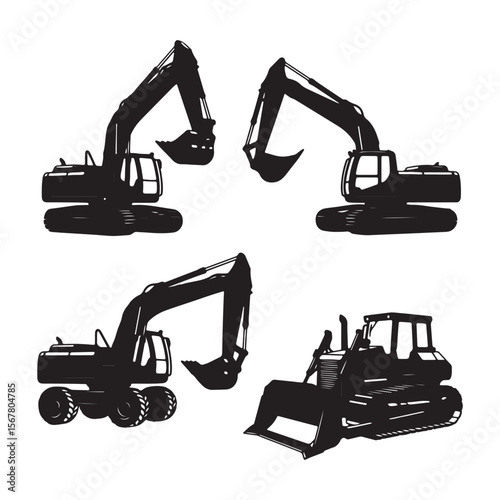 Black Silhouette Excavators and Bulldozer Construction Equipment Set Heavy Machinery Icons Industrial Vehicles