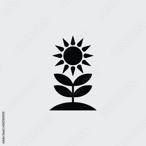 Black Silhouette of a Plant Growing Under a Sun Icon Simple Minimalist Botanical Design Element for Branding or Website Design