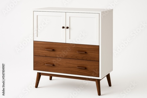 Contemporary wooden cabinet with white and brown finish on a plain background for stylish home decor