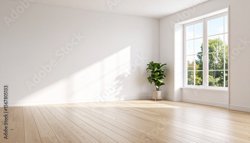 Interior view of a bright, empty room with natural light and a potted plant.
