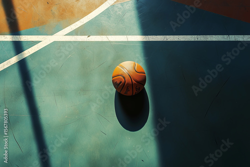 Basketball resting in the center of a court with shadows creating an intriguing pattern on the surface at midday