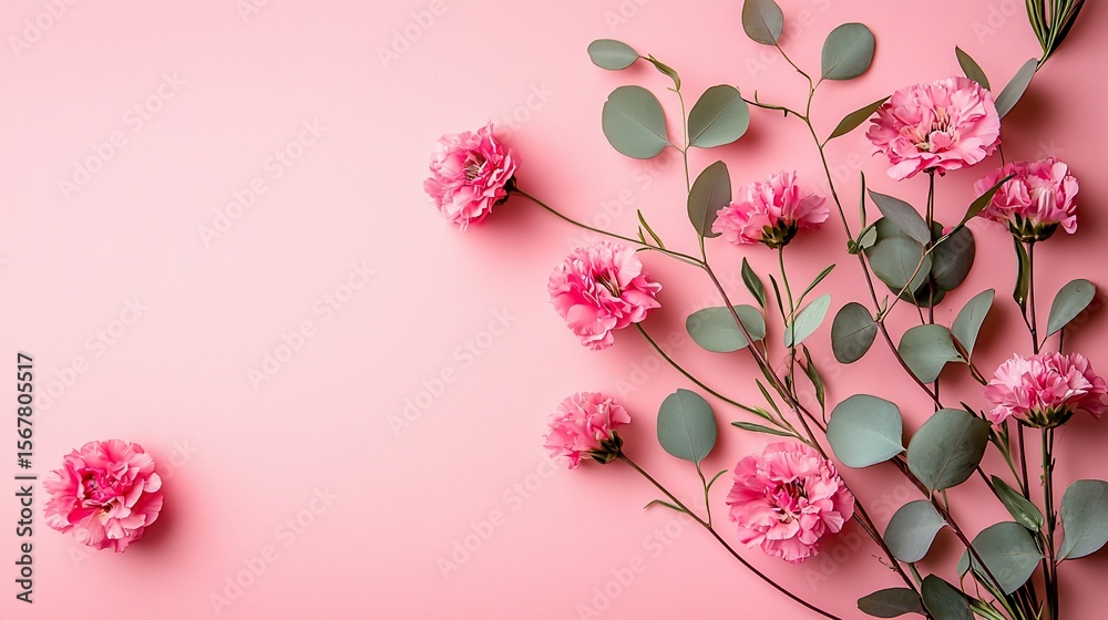 Fototapeta premium Pink flowers and eucalyptus on pink background