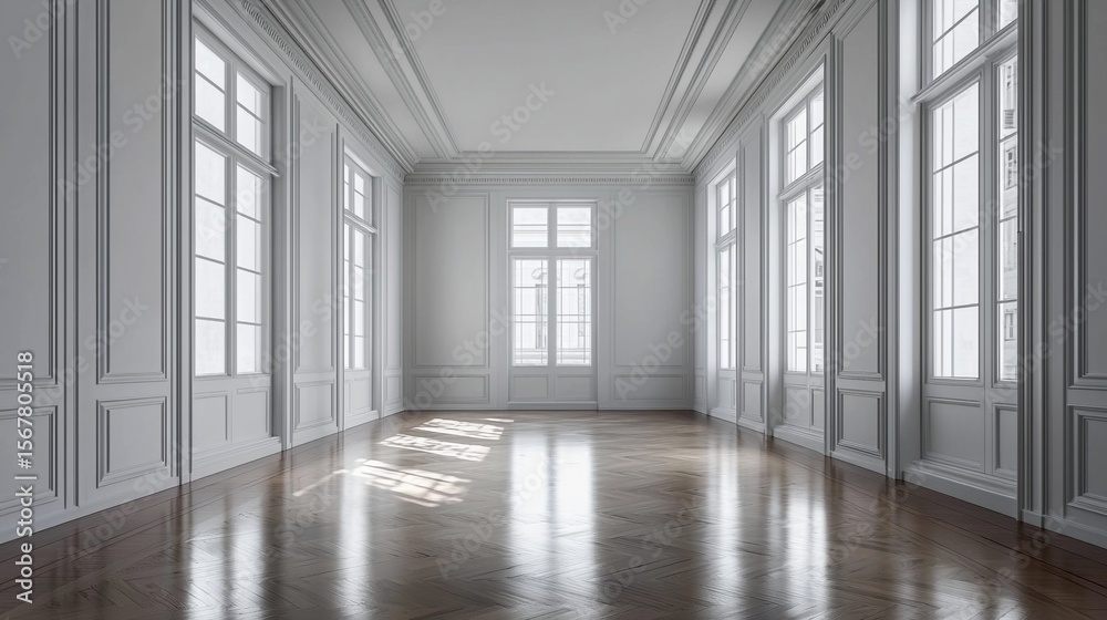 Fototapeta premium Sunlit, elegant empty room with hardwood floors, tall windows, and white walls