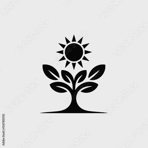 Black Silhouette of a Small Tree with Five Leaves and a Sun Above it on a Light Gray Background Simple Minimalist Nature Icon Design