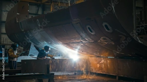 Sparks fly Ship construction with welders in action