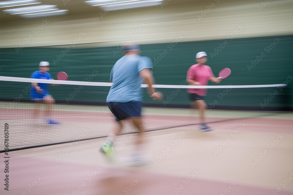 Fototapeta premium Intense pickleball match captured in action during indoor court play with players focused on the game