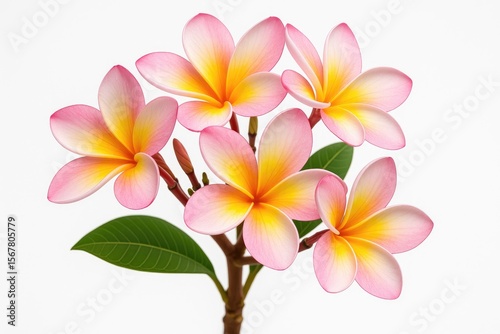 A cluster of plumeria blossoms in delicate pink and vivid yellow hues showcasing tropical elegance