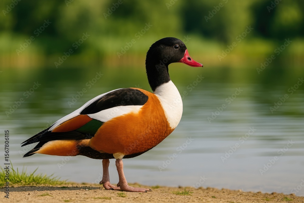 Obraz premium A stunning shelduck resting on the ground just before taking flight