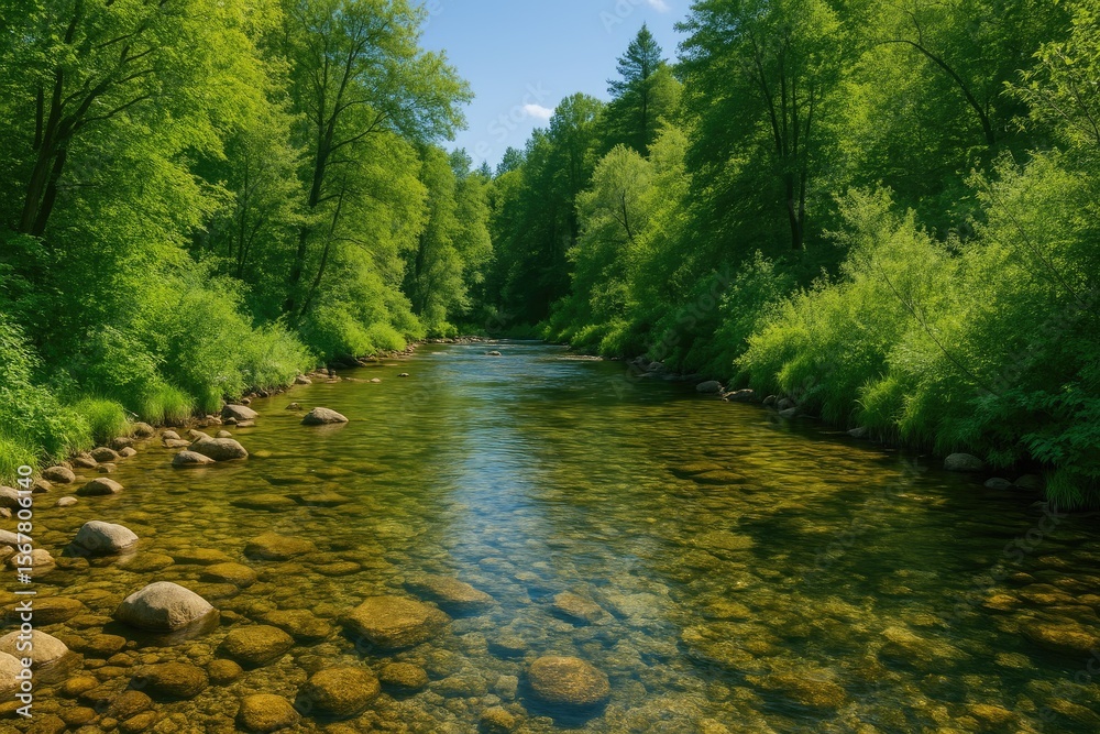 Fototapeta premium A gentle stream flowing through a wooded landscape with trees and shrubs