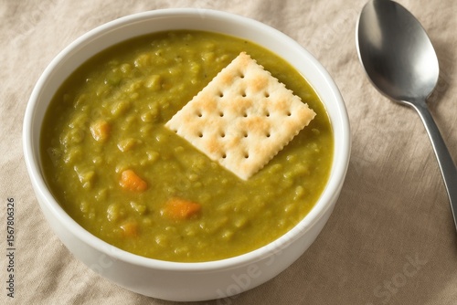 A serving of green pea stew garnished with a crispy cracker on top