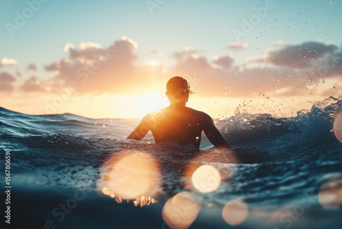 Surfer paddles into the horizon under a glowing sky at sunset over the ocean waves