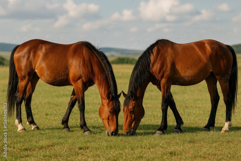 Obraz premium A pair of horses grazing in mirrored poses