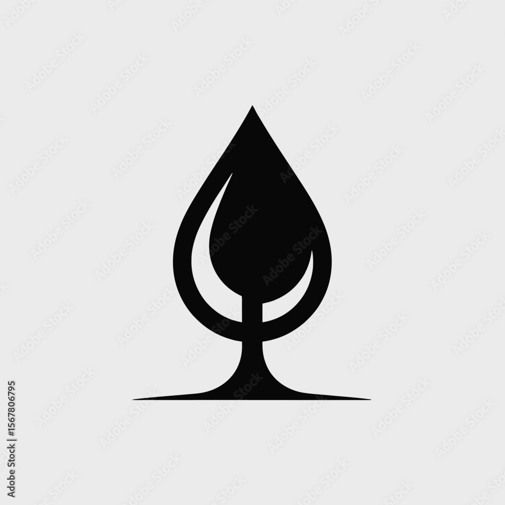 Fototapeta premium Black Silhouette of a Water Drop Shaped Like a Wine Glass on a Light Gray Background Simple Minimalist Design Element