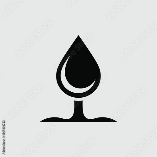 Black Silhouette of a Water Drop on a Small Stem Emerging from the Ground Against a Light Gray Background Simple Minimalist Design Icon Symbol