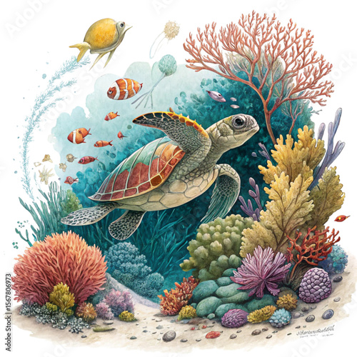 marine life in on  marine underwater wildlife detail on white background