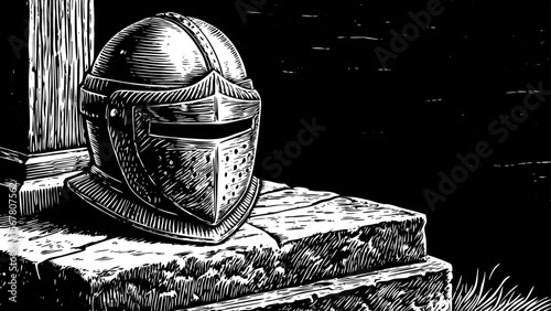 A medieval knight’s helmet placed on an ancient stone pedestal, ideal for historical illustrations, fantasy-themed posters, or museum design a black and white line art illustration