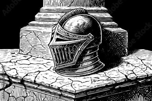 A medieval knight’s helmet placed on an ancient stone pedestal, ideal for historical illustrations, fantasy-themed posters, or museum design a black and white line art illustration