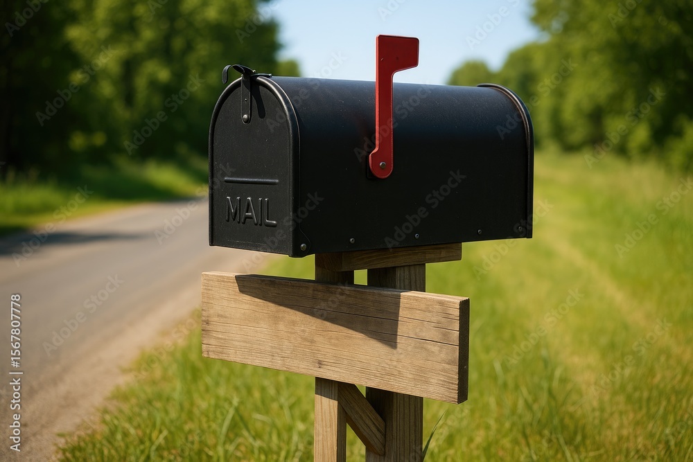 Retro-style postal box with crimson letter slot and wooden support Retro-style postal box with crimson letter slot and wooden support