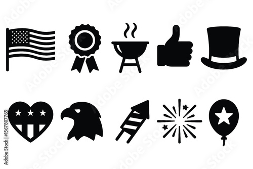 American flag ribbon barbecue thumbs up top hat eagle fireworks balloon