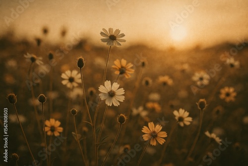 Retro snapshot of blooming wildflowers