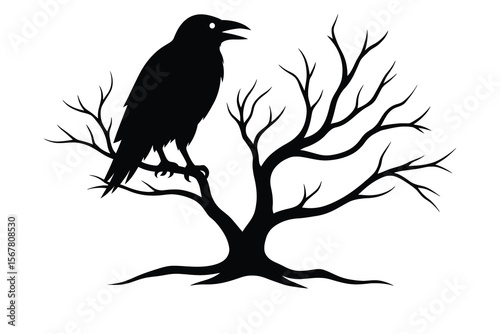 Black crow perched on bare tree branches bird
