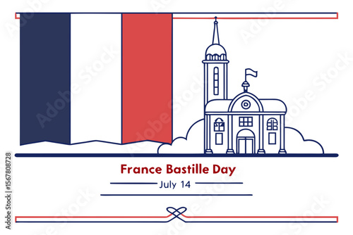 Celebrate France's Bastille Day with this captivating design featuring a building and the French flag, perfect for banners, posters, and event materials.