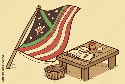 Graphic asset of a unique flag featuring stars and stripes with a picnic table and an open book, perfect for branding and design projects.