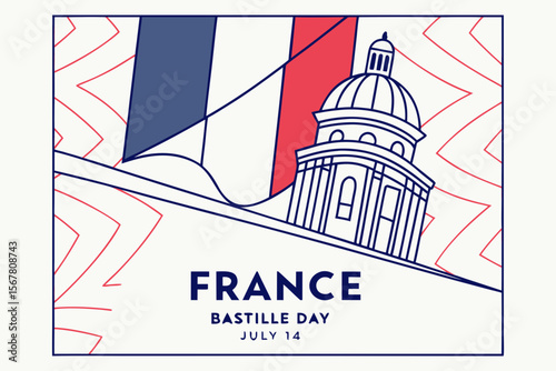 Celebrate France with this dynamic graphic featuring the national flag and architectural landmark for Bastille Day.