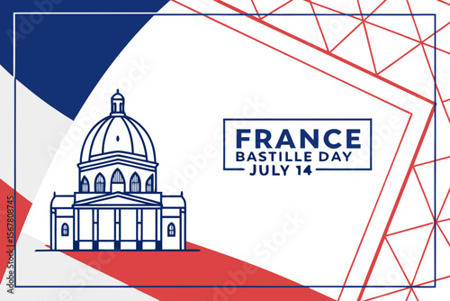 Celebrate Bastille Day with a design featuring a French building outline, patriotic colors, and geometric shapes evoking national pride.