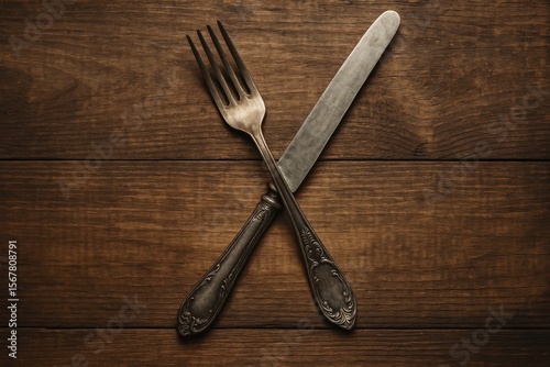 Antique cutlery set resting on aged wooden surface with a warm tone