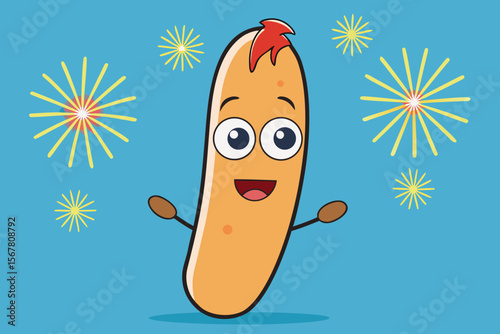 Whimsical cartoon sausage character with a happy expression surrounded by festive fireworks on a vibrant light blue background.