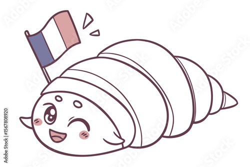 A cheerful croissant character waves the flag of France, perfect for bakery designs and representing French culture with its cute, scalable elements.