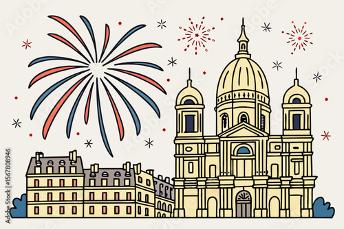 Charming cityscape art showcases Parisian architecture with vibrant fireworks celebrating French heritage and culture.