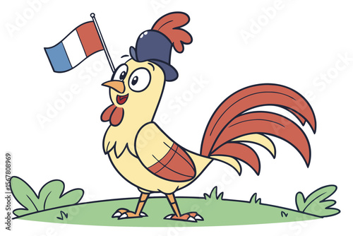 Cheerful cartoon rooster proudly waving a French flag, a whimsical patriotic design perfect for celebrating national events and adding a touch of French culture.