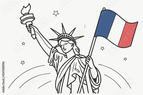 Striking liberty statue holds the French flag, creating a symbol of Franco-American friendship and cultural exchange, suitable for various graphic projects.