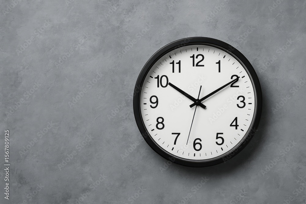 Decorative wall clock against a textured concrete wall with a grey painted surface Decorative wall clock against a textured concrete wall with a grey painted surface