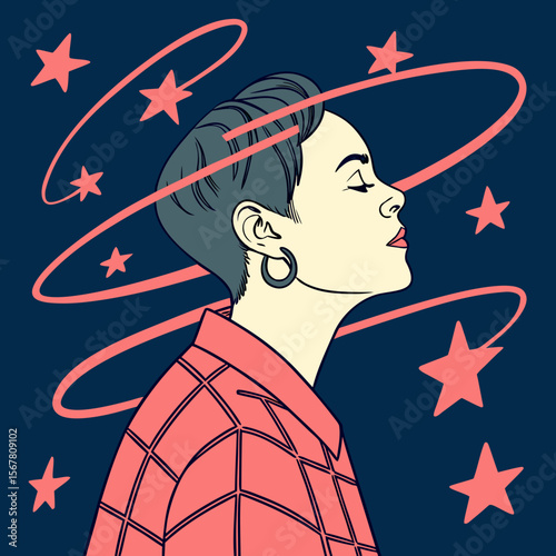 A stylized portrait of a pensive woman surrounded by cosmic stars and energy swirls, perfect for creative projects and artistic branding.