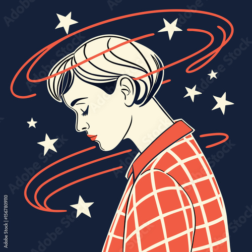 Dreaming woman surrounded by stars and celestial orbits, a stylish graphic for designs needing a touch of fantasy and calm.