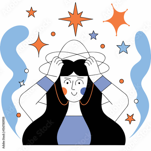 Creative design of a woman with stars orbiting her head, a modern graphic suitable for web design, posters, and social media branding.