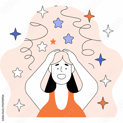 A cartoon woman overwhelmed with anxiety shows stress and confusion, surrounded by stars and tangled thoughts for mental health awareness.