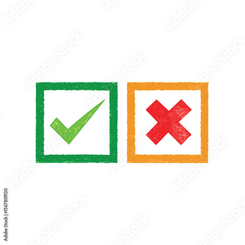 Green checkmark in box orange cross in box vector