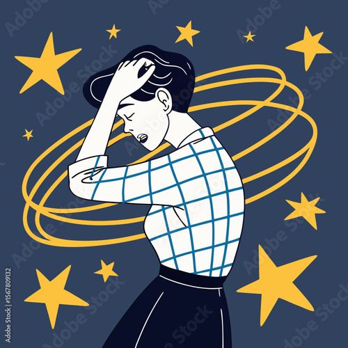 Stylish graphic displaying a dizzy woman surrounded by stars, ideal for medical themes and wellness designs.