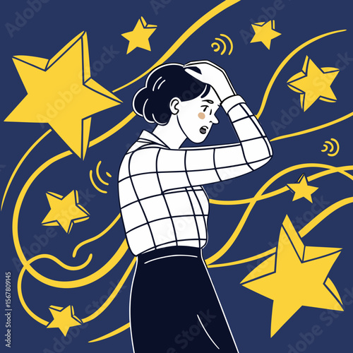 A woman feels overwhelmed surrounded by stars and confusion waves, a graphic representing stress, anxiety, or emotional distress.