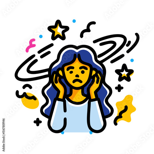 Cartoon graphic showing a dizzy woman suffering from vertigo, depicting dizziness, lightheadedness, and equilibrium problems for medical and health designs.