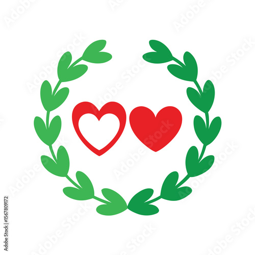 Green leaves frame two red hearts love romance