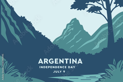 Celebrate Argentina Independence Day with a captivating graphic featuring mountains, trees, and serene blue tones for patriotic designs.