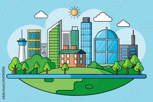 Urban skyline design showcasing modern city buildings and nature elements, suitable for eco-friendly concepts and creative projects.