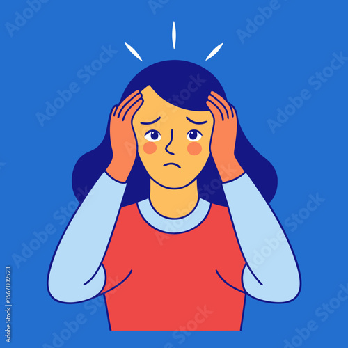 Girl with a headache holds her head in her hands, a design for health, mental health, stress relief or burnout, suitable for websites and social media